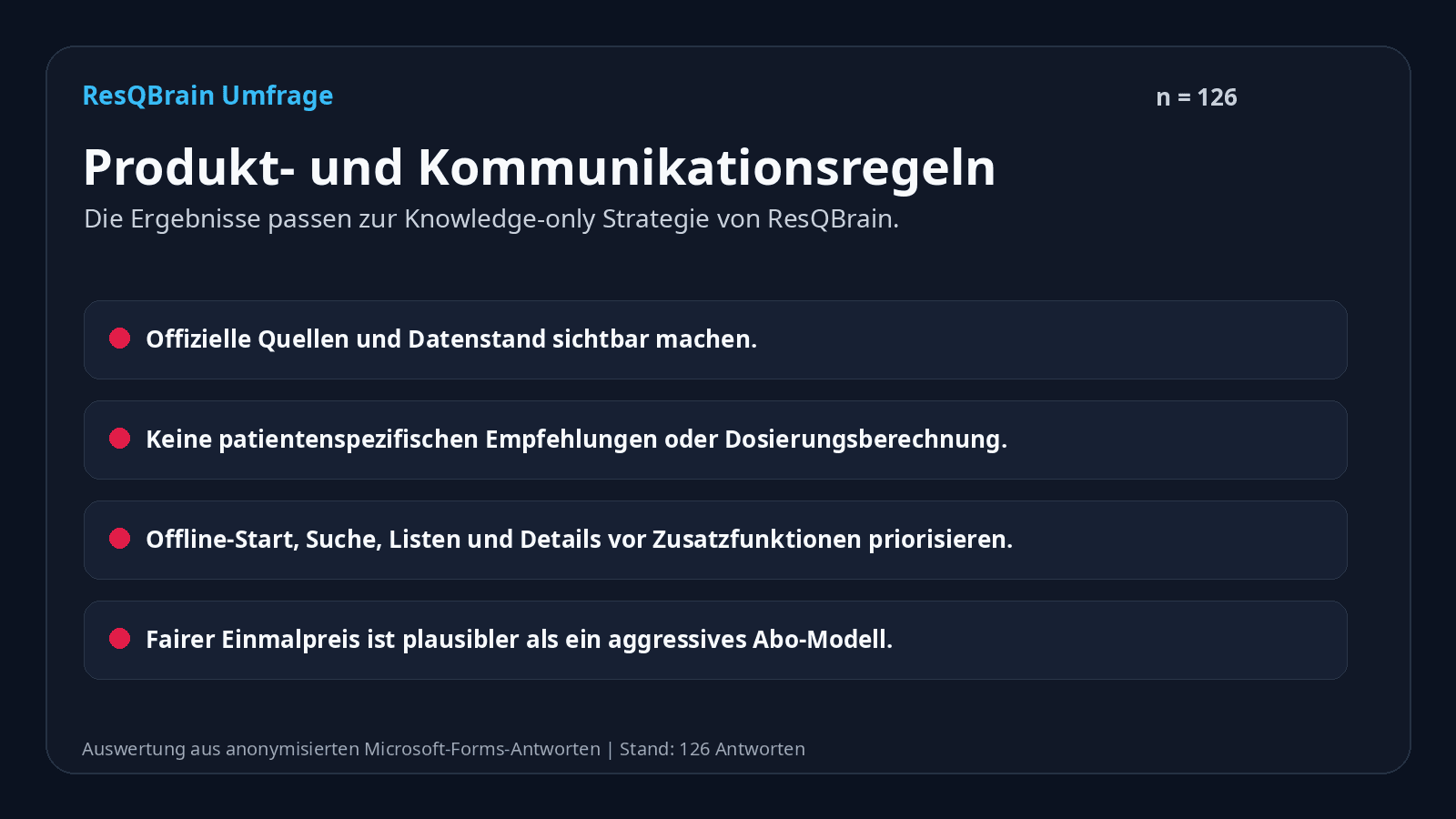 Kachel mit Produktregeln aus der ResQBrain-Community-Umfrage
